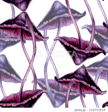 Seamless pattern with poisonous purple toadstools on green background. Watercolor illustration template for esoteric, witchcraft, Halloween: invitations, menus, advertising, cards, postcards 118751634