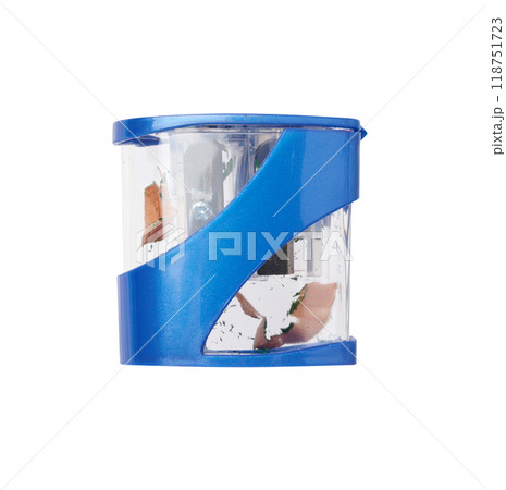 Blue plastic pencil sharpener on isolated background Blue plastic pencil sharpener on isolated background 118751723