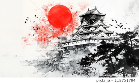 赤と黒の墨で描かれた水墨画 AIのイラスト素材 [118751794] - PIXTA