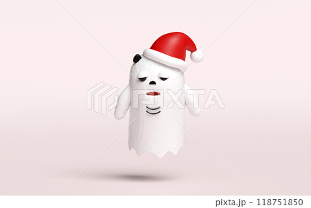 3d cute monster, white cute ghost with santa claus hat isolated on cream background. 3d render illustration 118751850