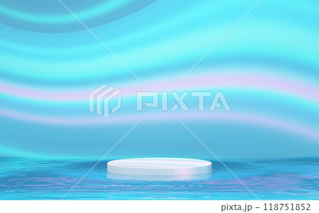 3d podium empty with water wave isolated on rainbow background. cosmetic display product stage, 3d illustration render 118751852