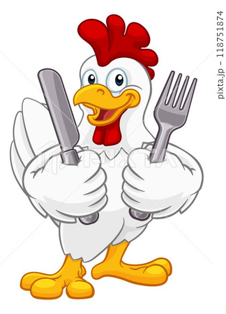 Chicken Rooster Cockerel Knife and Fork Cartoon Chicken Rooster Cockerel Knife and Fork Cartoon 118751874