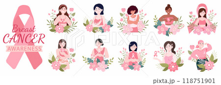 Breast cancer awareness figures and symbols collection. Vector illustrations. 118751901