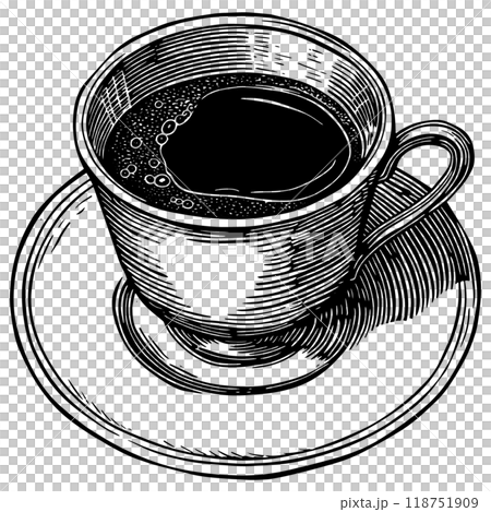 咖啡杯和碟子的銅版向量圖。 118751909