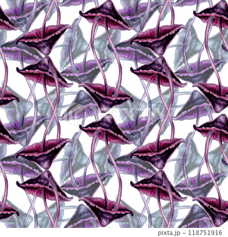 Seamless pattern with poisonous purple toadstools on green background. Watercolor illustration template for esoteric, witchcraft, Halloween: invitations, menus, advertising, cards, postcards Seamless pattern with poisonous purple toadstools on green background. Watercolor illustration template for esoteric, witchcraft, Halloween: invitations, menus, advertising, cards, postcards 118751916