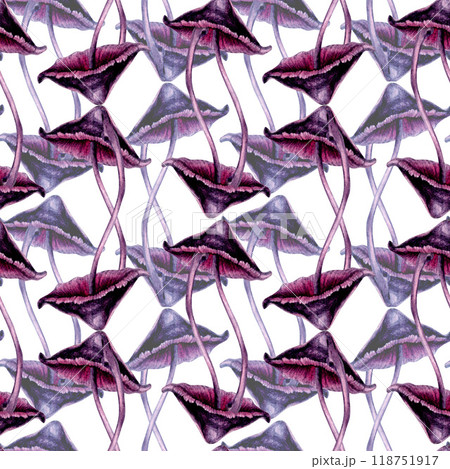 Seamless pattern with poisonous purple toadstools on green background. Watercolor illustration template for esoteric, witchcraft, Halloween: invitations, menus, advertising, cards, postcards 118751917