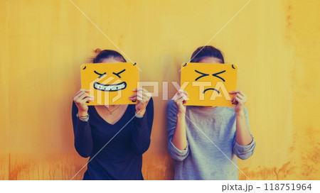 Two girls holding yellow emoji cards in front of their faces, one with smiling emoji, the other sad 118751964
