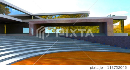 A semicircular concrete staircase in front of the entrance to a luxurious countryside mansion for affluent clients. 3D rendering. 118752046