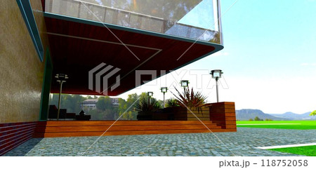 Cozy patio under the cantilevered floor of a country cottage. Reflective yellow sandstone wall. 3D rendering. Cozy patio under the cantilevered floor of a country cottage. Reflective yellow sandstone wall. 3D rendering. 118752058