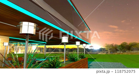 Four street lamps illuminate a cozy patio at a country private cottage on a Texas farm at night. 3D rendering. Four street lamps illuminate a cozy patio at a country private cottage on a Texas farm at night. 3D rendering. 118752075