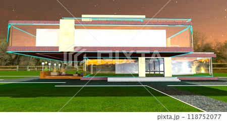 Grand entrance to an elite countryside cottage. Facade lighting. Quiet evening. 3D rendering. 118752077
