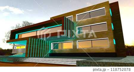 Illuminated steps leading to the entrance of a modern three-story condominium in the evening. An excellent home for suburban living. 3D rendering. 118752078
