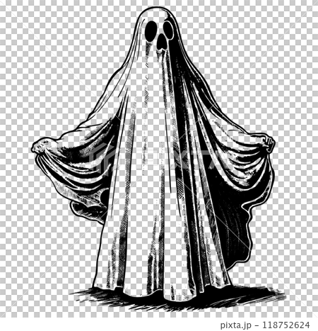A person wearing a Halloween ghost sheet. Copperplate engraving vector illustration. 118752624