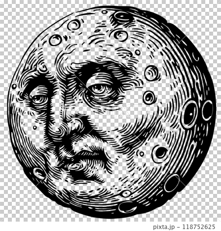 Vector illustration of a copperplate engraving of a full moon's face. 118752625