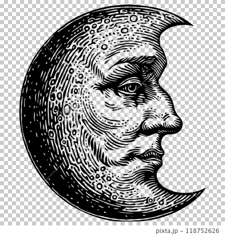 三日月の顔の銅版画のベクターイラスト。のイラスト素材 [118752626