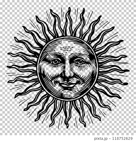 太陽表面銅版雕刻的向量圖。 118752629