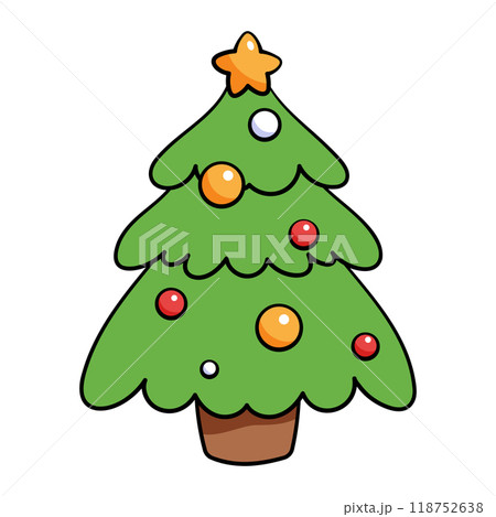 Children's cartoon New Year illustration of Christmas tree decorated with toys on white background. Children's cartoon New Year illustration of Christmas tree decorated with toys on white background. 118752638