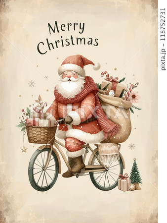 Watercolor Santa Claus rides a bicycle with gifts in backpack. Courier in Santa costume on bike delivers Christmas gifts. 118752731