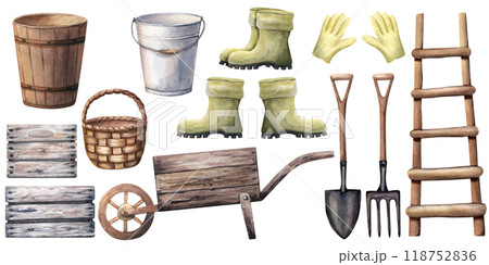 A big set of gardening tools and equipment such as wooden wheelbarrow, crate, box, bucket, vat, gumboots, gardening gloves, spade, shovel, pitchfork, wicker basket and ladder. Watercolor illustration 118752836