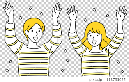 一對男女夫婦一邊慶祝一邊舉起雙手、五彩紙屑、簡單而流行 向量例證 一對男女夫婦一邊慶祝一邊舉起雙手、五彩紙屑、簡單而流行 向量例證 118753035