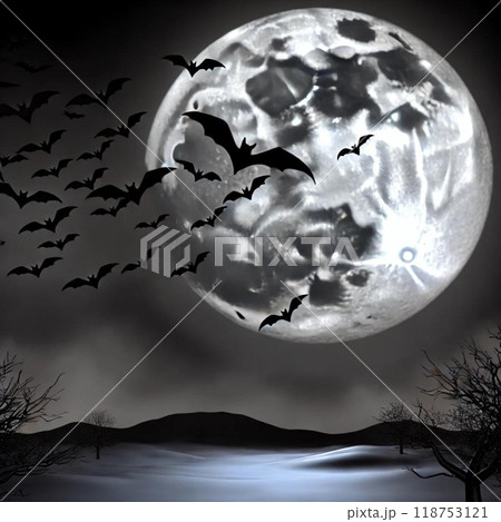 満月とコウモリが飛び交う不気味な夜空 118753121
