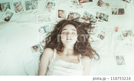 思い出に包まれて眠る若い女性 118753218
