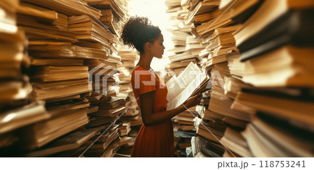 膨大な本の山から目的の資料を探す女性 118753241