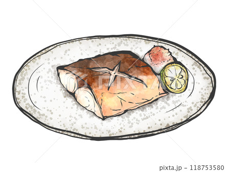 サバの塩焼きの手描き筆絵風イラスト 118753580