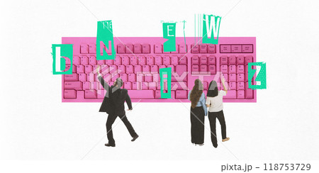 Team of professionals standing before giant keyboard, arranging letters to spell New Biz. Collaboration and digital foundation of startup. Contemporary art collage. 118753729