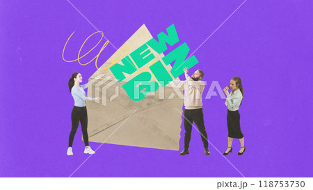 Three colleagues carrying bold New Biz sign in front of large envelope, symbolizing teamwork, communication, and official launch of new startup. Contemporary art collage. 118753730