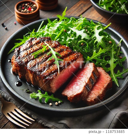 ジューシーステーキとフレッシュルッコラの絶品プレート ジューシーステーキとフレッシュルッコラの絶品プレート 118753885