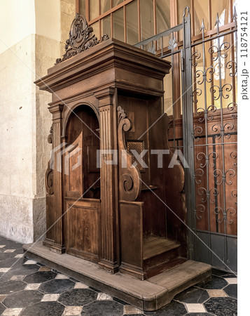 Historical wooden confessional in catholic church, Krakow Poland 118754121