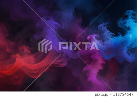 Poster with color powder explosions, splashes of red and blue paint burst, bright colorful clouds of smoke and dust with particles on black background. 118754547