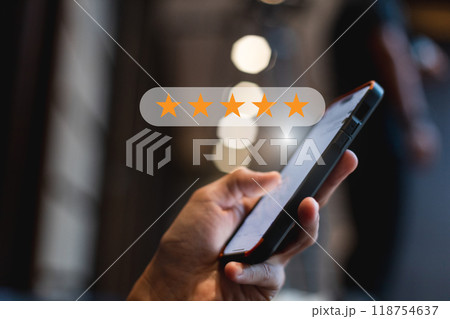Star icon satisfaction survey, businessman finger to smartphone with five star icons, Star icon satisfaction survey, businessman finger to smartphone with five star icons, 118754637
