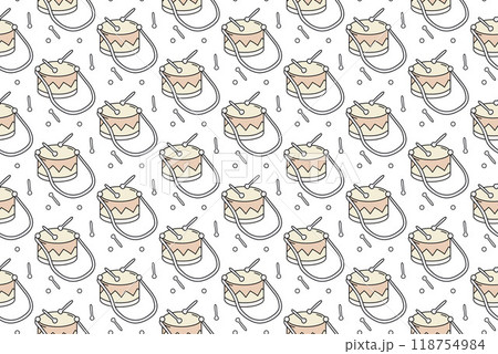 Seamless pattern with drums and drum sticks on White background. Flat vector illustration. Cartoon Music Equipment Template for Print, Textile, Fabric, Wrapping paper. Color Background 118754984