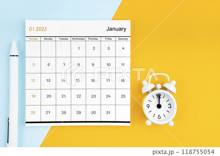 January 2025 Monthly calendar for 2025 year with pen on yellow and blue background. January 2025 Monthly calendar for 2025 year with pen on yellow and blue background. 118755054