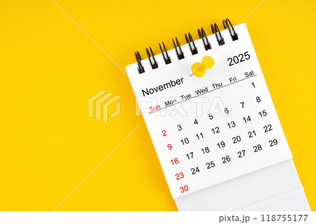 November 2025 Monthly desk calendar for 2025 year with thumbtack. 118755177