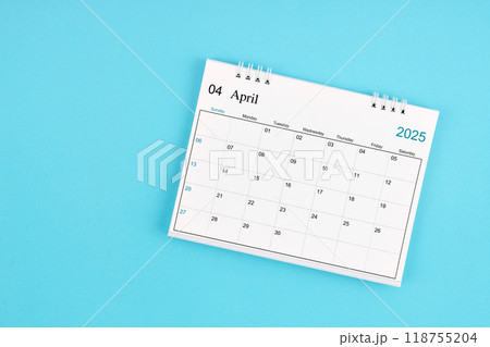 April 2025, Monthly desk calendar for 2025 year on blue background. April 2025, Monthly desk calendar for 2025 year on blue background. 118755204