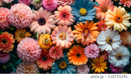 Vibrant Mixed Bouquet Featuring Various Flowers in a Colorful Arrangement on a Flat Surface 118755291