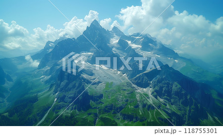 Majestic Snow-Capped Mountain Peaks Under a Clear Blue Sky With Fluffy Clouds During Daytime 118755301