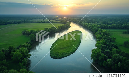 Aerial View of a Lush Green Island in a Winding River at Sunset in a Tranquil Landscape 118755302