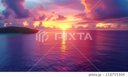 Vibrant Sunset Over Calm Waters With Colorful Clouds Near a Tropical Island 118755304