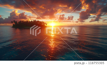 Golden Sunset Over a Tranquil Island With Reflections on Calm Ocean Waters 118755305