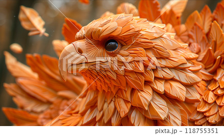 Intricate Wooden Eagle Sculpture Surrounded by Vibrant Autumn Leaves in a Serene Forest Intricate Wooden Eagle Sculpture Surrounded by Vibrant Autumn Leaves in a Serene Forest 118755351