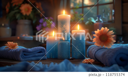 Relaxing Spa Setup With Candles and Towels Surrounded by Lush Greenery at a Wellness Center 118755374