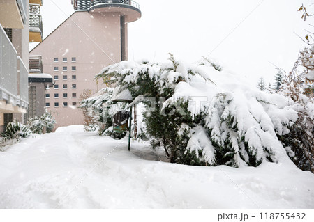 A street in Krakow is covered with snow after a blizzard in winter. 118755432