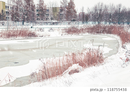 frozen lake in Krakow Poland. trees and bushes in the snow. benches and alley in the park in winter. frozen lake frozen lake in Krakow Poland. trees and bushes in the snow. benches and alley in the park in winter. frozen lake 118755438