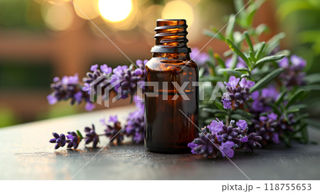 Amber Glass Bottle With Lavender Flowers on a Wooden Surface During Golden Hour Light Amber Glass Bottle With Lavender Flowers on a Wooden Surface During Golden Hour Light 118755653