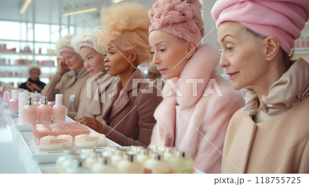 Women in Pastel Coats at a Beauty Counter Exploring Skincare Products During a Sunny Day 118755725