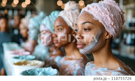 Women Enjoying a Pampering Beauty Treatment With Colorful Masks in a Bright Spa Setting Women Enjoying a Pampering Beauty Treatment With Colorful Masks in a Bright Spa Setting 118755726